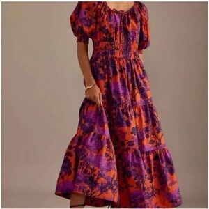 Anthropologie Vibrant Orange and Purple Floral Maxi Dress
